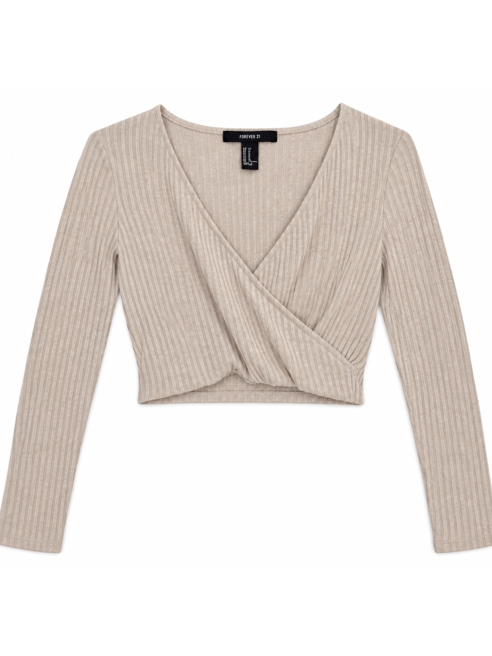 FOREVER 21 Ribbed Knit Wrap Front Cropped Sweater Top Beige Oatmeal Cream Size M